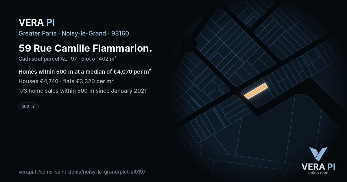 59 Rue Camille Flammarion, Noisy-le-Grand at night – the plot lit, the parcels around coloured by the prices near them