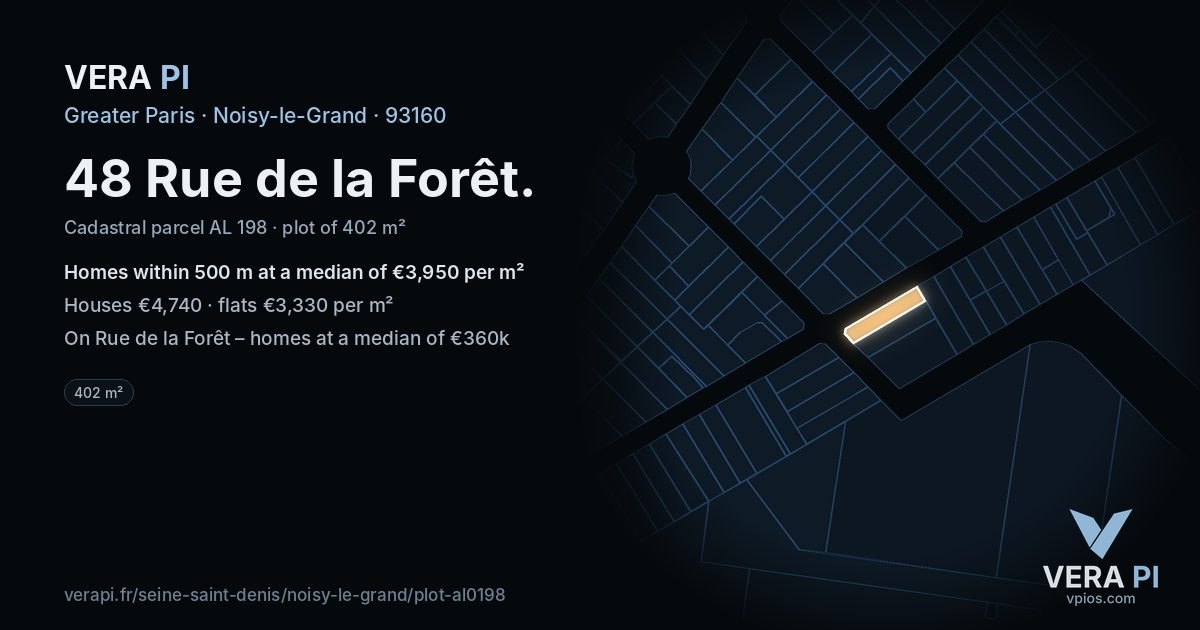 48 Rue de la Forêt, Noisy-le-Grand at night – the plot lit, the parcels around coloured by the prices near them