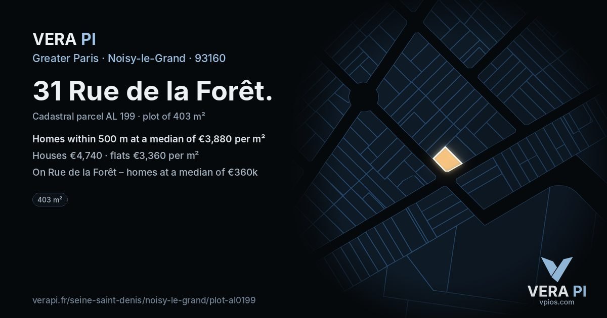 31 Rue de la Forêt, Noisy-le-Grand at night – the plot lit, the parcels around coloured by the prices near them