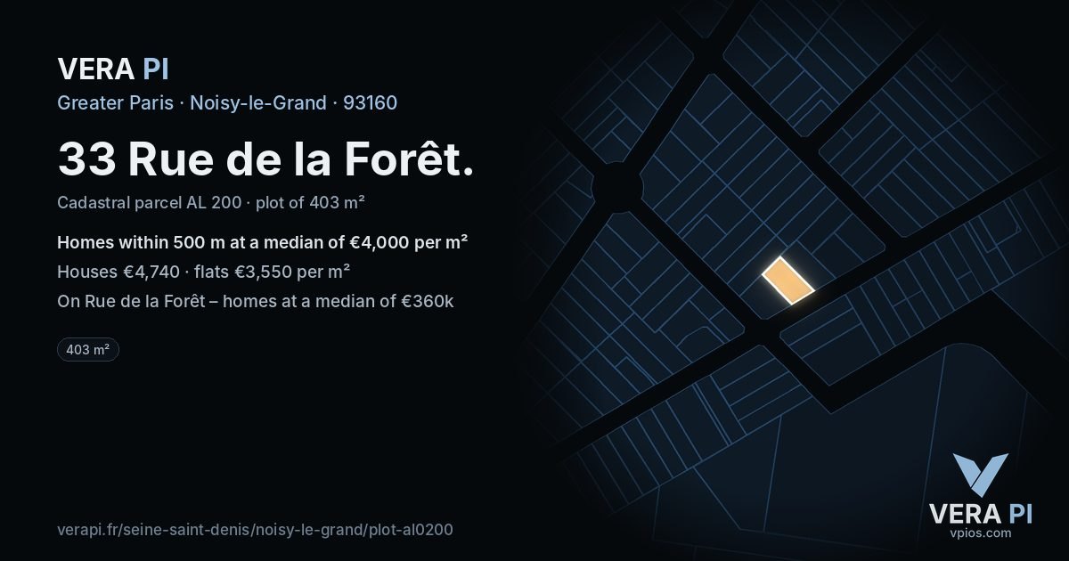 33 Rue de la Forêt, Noisy-le-Grand at night – the plot lit, the parcels around coloured by the prices near them