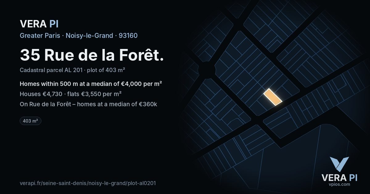 35 Rue de la Forêt, Noisy-le-Grand at night – the plot lit, the parcels around coloured by the prices near them