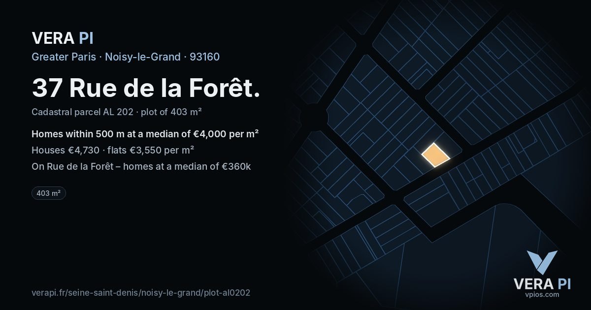 37 Rue de la Forêt, Noisy-le-Grand at night – the plot lit, the parcels around coloured by the prices near them