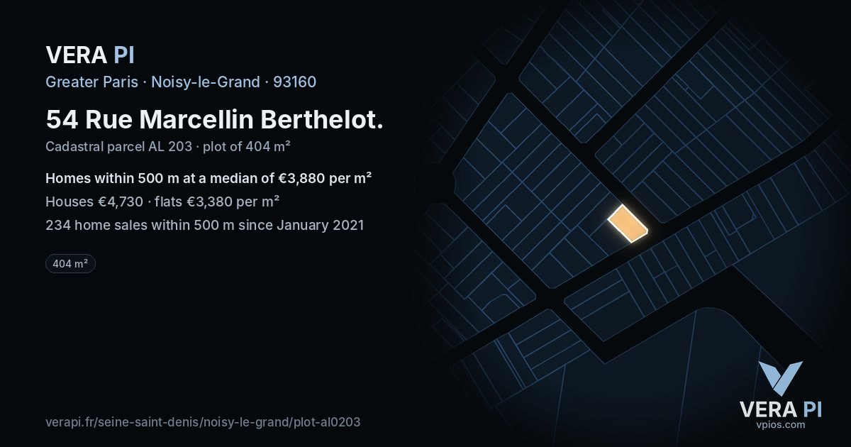 54 Rue Marcellin Berthelot, Noisy-le-Grand at night – the plot lit, the parcels around coloured by the prices near them
