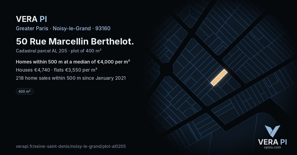 50 Rue Marcellin Berthelot, Noisy-le-Grand at night – the plot lit, the parcels around coloured by the prices near them