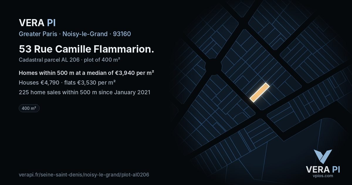 53 Rue Camille Flammarion, Noisy-le-Grand at night – the plot lit, the parcels around coloured by the prices near them