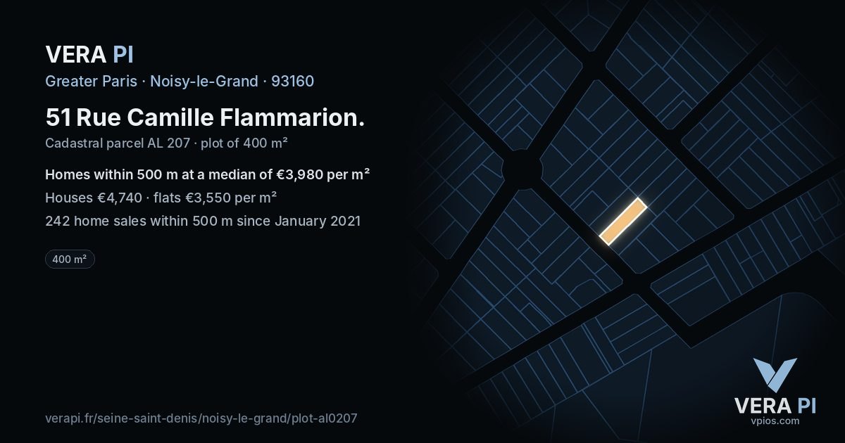 51 Rue Camille Flammarion, Noisy-le-Grand at night – the plot lit, the parcels around coloured by the prices near them