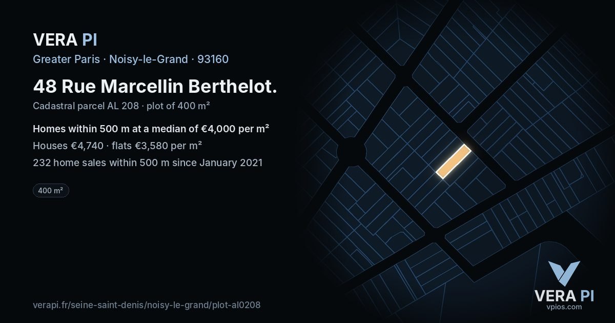 48 Rue Marcellin Berthelot, Noisy-le-Grand at night – the plot lit, the parcels around coloured by the prices near them