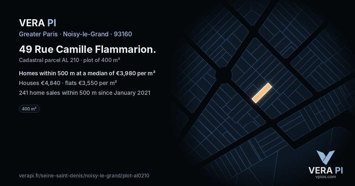 49 Rue Camille Flammarion, Noisy-le-Grand at night – the plot lit, the parcels around coloured by the prices near them