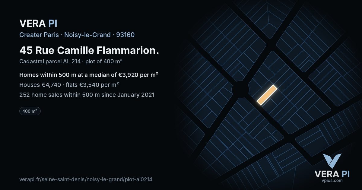 45 Rue Camille Flammarion, Noisy-le-Grand at night – the plot lit, the parcels around coloured by the prices near them
