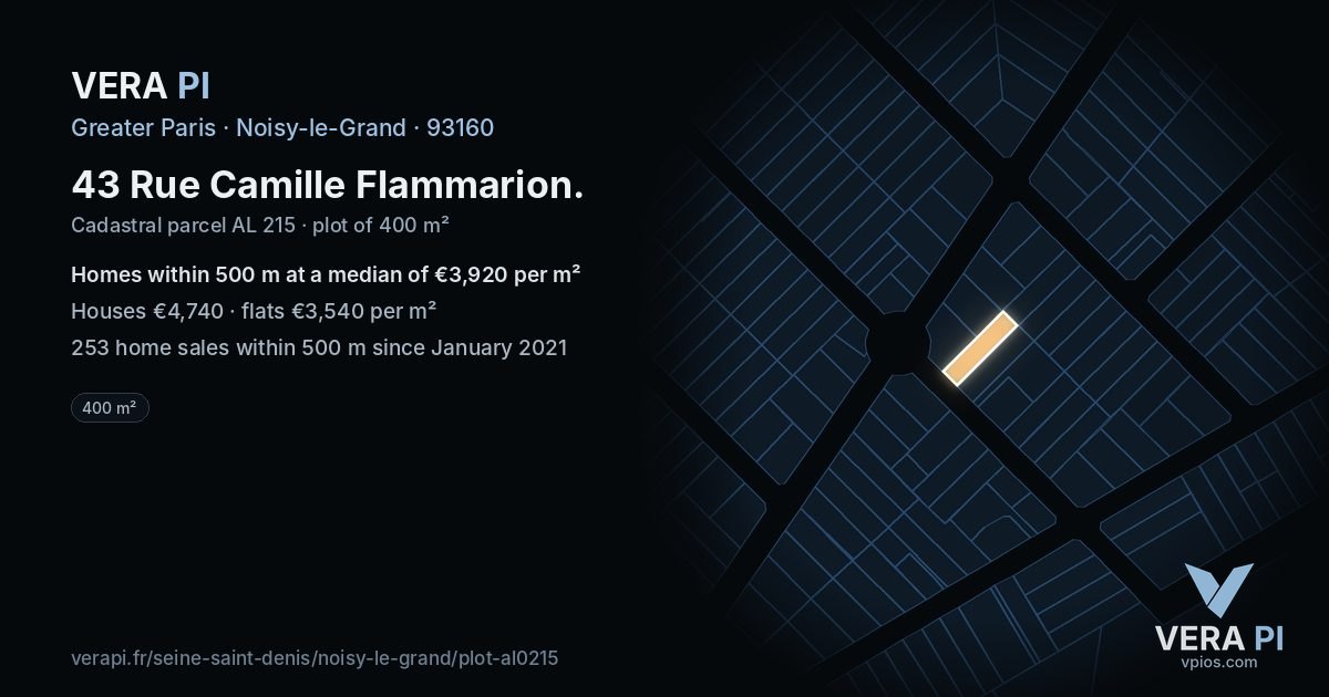 43 Rue Camille Flammarion, Noisy-le-Grand at night – the plot lit, the parcels around coloured by the prices near them