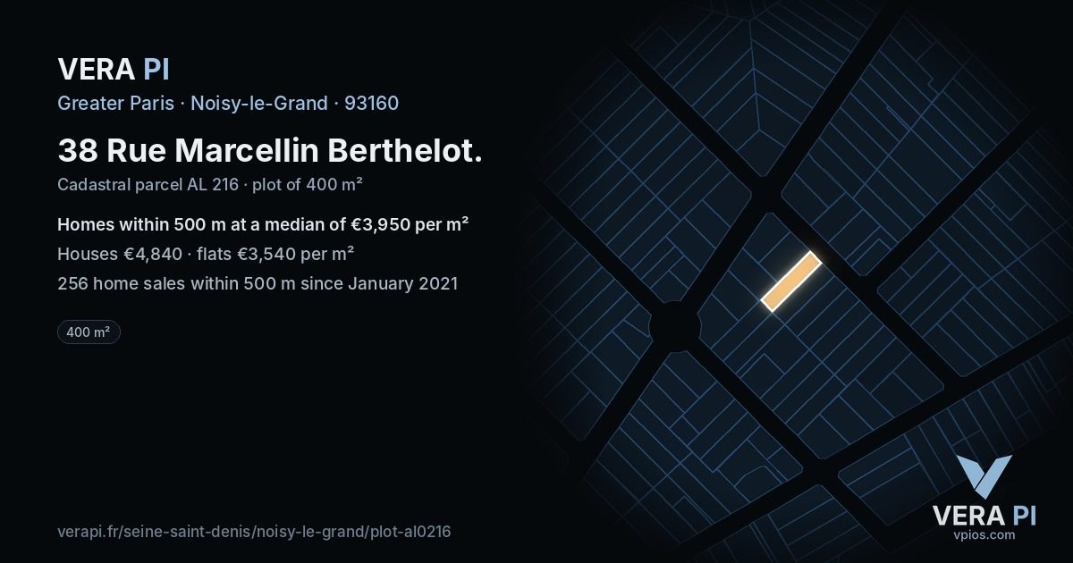 38 Rue Marcellin Berthelot, Noisy-le-Grand at night – the plot lit, the parcels around coloured by the prices near them