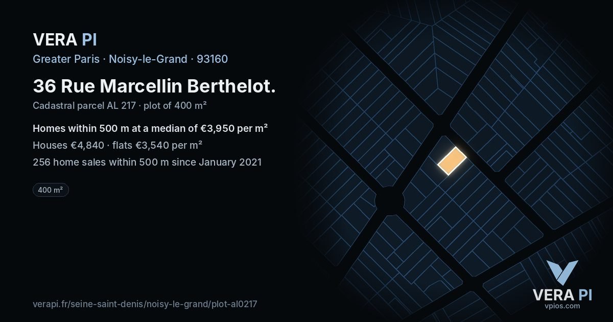 36 Rue Marcellin Berthelot, Noisy-le-Grand at night – the plot lit, the parcels around coloured by the prices near them