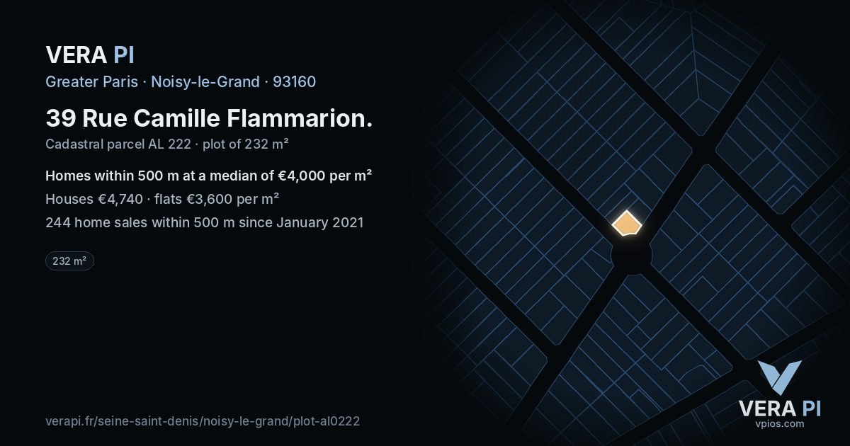 39 Rue Camille Flammarion, Noisy-le-Grand at night – the plot lit, the parcels around coloured by the prices near them