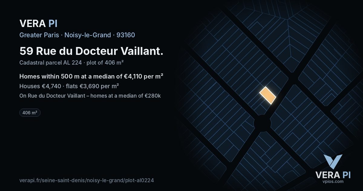 59 Rue du Docteur Vaillant, Noisy-le-Grand at night – the plot lit, the parcels around coloured by the prices near them