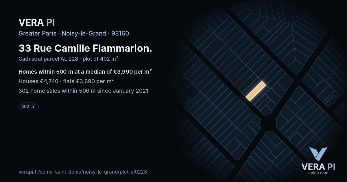 33 Rue Camille Flammarion, Noisy-le-Grand at night – the plot lit, the parcels around coloured by the prices near them