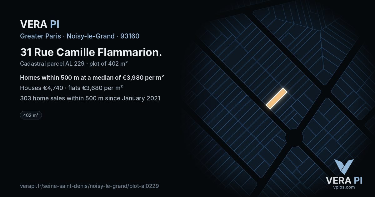 31 Rue Camille Flammarion, Noisy-le-Grand at night – the plot lit, the parcels around coloured by the prices near them