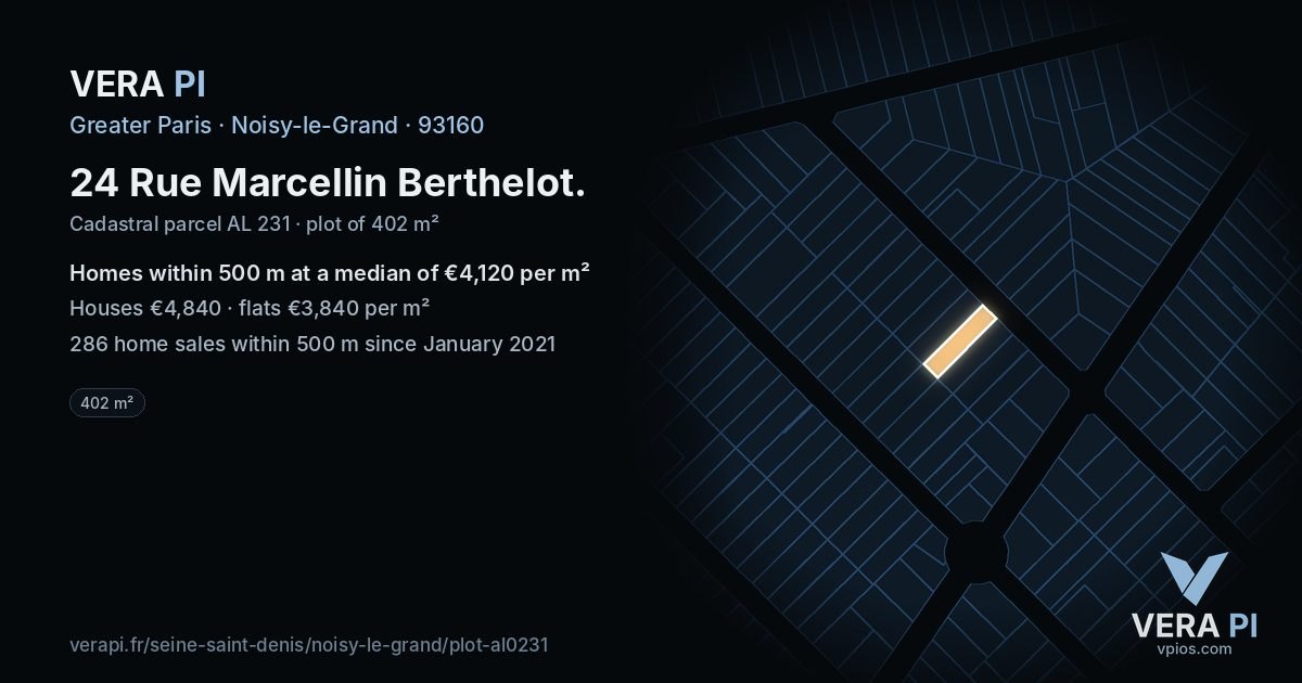 24 Rue Marcellin Berthelot, Noisy-le-Grand at night – the plot lit, the parcels around coloured by the prices near them