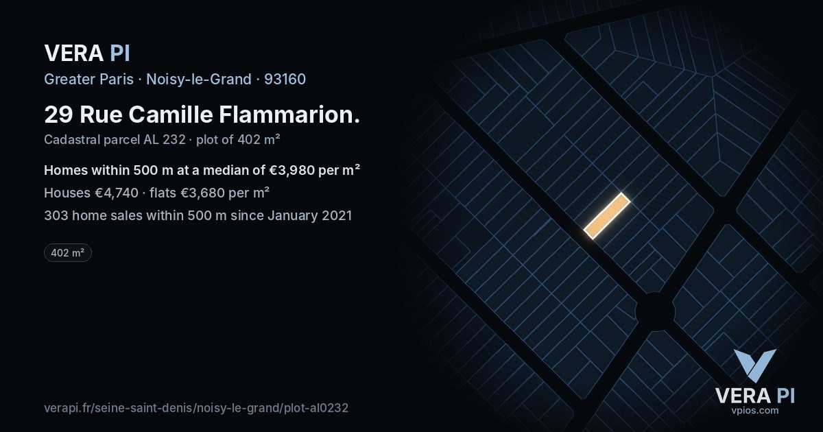29 Rue Camille Flammarion, Noisy-le-Grand at night – the plot lit, the parcels around coloured by the prices near them