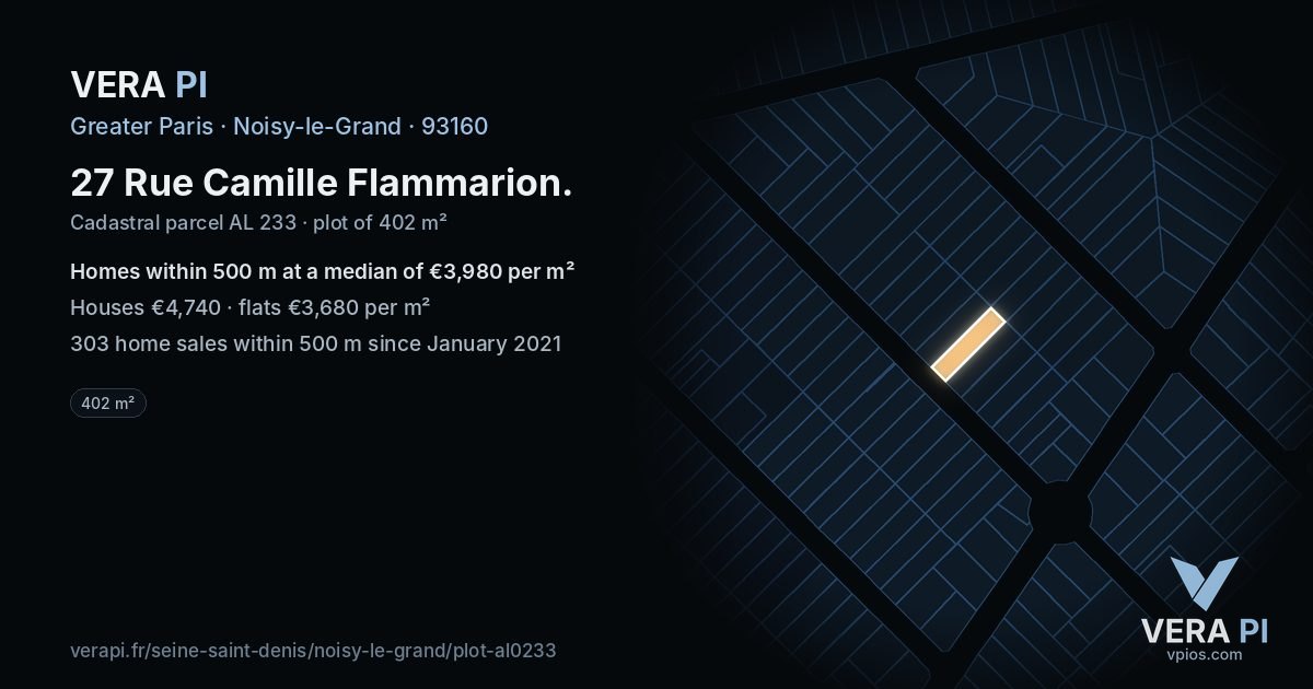 27 Rue Camille Flammarion, Noisy-le-Grand at night – the plot lit, the parcels around coloured by the prices near them