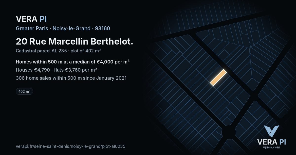 20 Rue Marcellin Berthelot, Noisy-le-Grand at night – the plot lit, the parcels around coloured by the prices near them