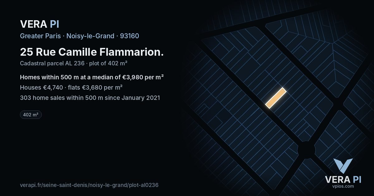 25 Rue Camille Flammarion, Noisy-le-Grand at night – the plot lit, the parcels around coloured by the prices near them
