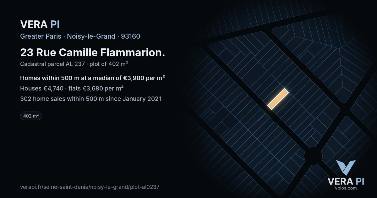 23 Rue Camille Flammarion, Noisy-le-Grand at night – the plot lit, the parcels around coloured by the prices near them
