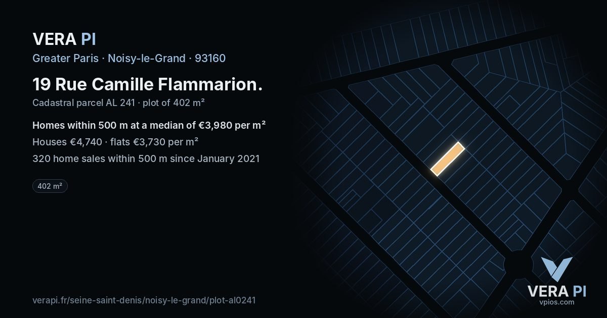 19 Rue Camille Flammarion, Noisy-le-Grand at night – the plot lit, the parcels around coloured by the prices near them