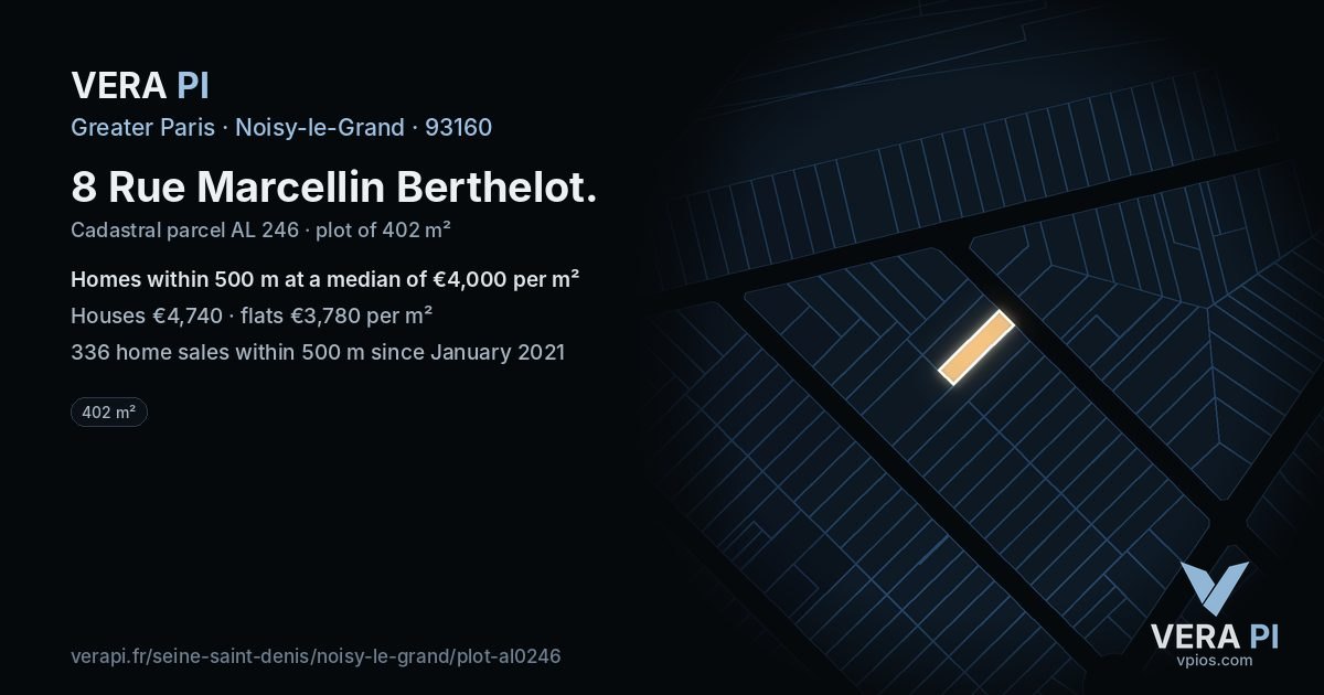 8 Rue Marcellin Berthelot, Noisy-le-Grand at night – the plot lit, the parcels around coloured by the prices near them