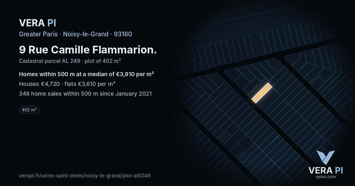 9 Rue Camille Flammarion, Noisy-le-Grand at night – the plot lit, the parcels around coloured by the prices near them