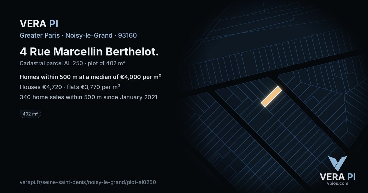4 Rue Marcellin Berthelot, Noisy-le-Grand at night – the plot lit, the parcels around coloured by the prices near them