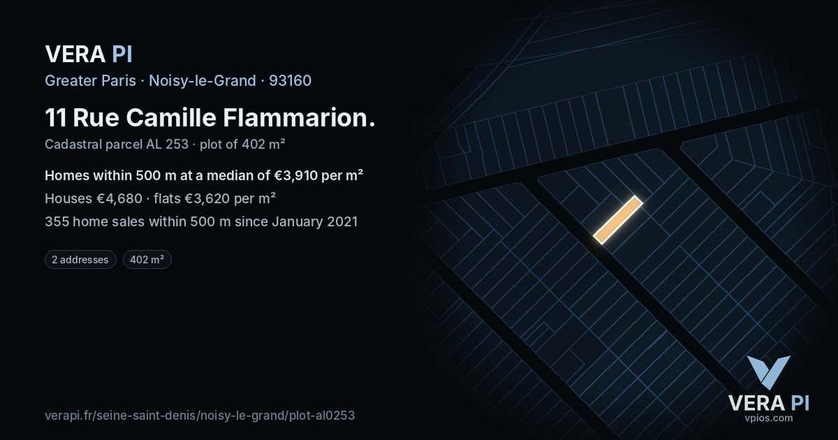 11 Rue Camille Flammarion, Noisy-le-Grand at night – the plot lit, the parcels around coloured by the prices near them
