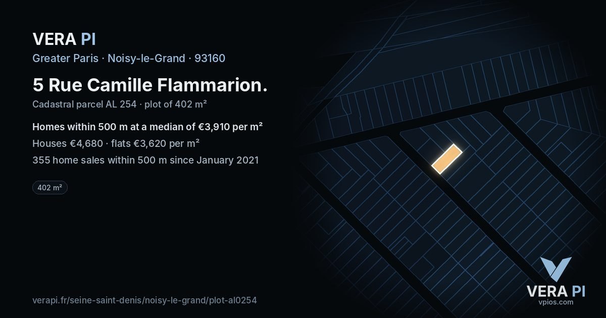 5 Rue Camille Flammarion, Noisy-le-Grand at night – the plot lit, the parcels around coloured by the prices near them
