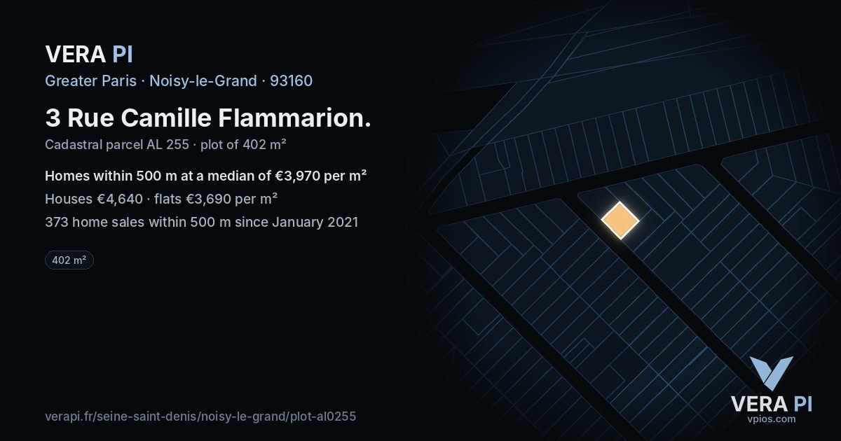 3 Rue Camille Flammarion, Noisy-le-Grand at night – the plot lit, the parcels around coloured by the prices near them