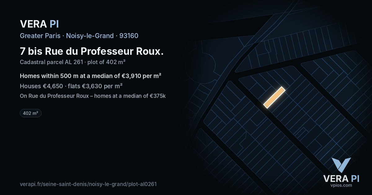 7 bis Rue du Professeur Roux, Noisy-le-Grand at night – the plot lit, the parcels around coloured by the prices near them