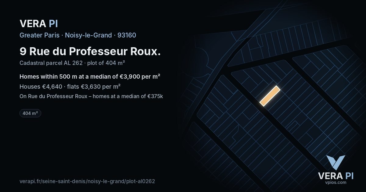 9 Rue du Professeur Roux, Noisy-le-Grand at night – the plot lit, the parcels around coloured by the prices near them