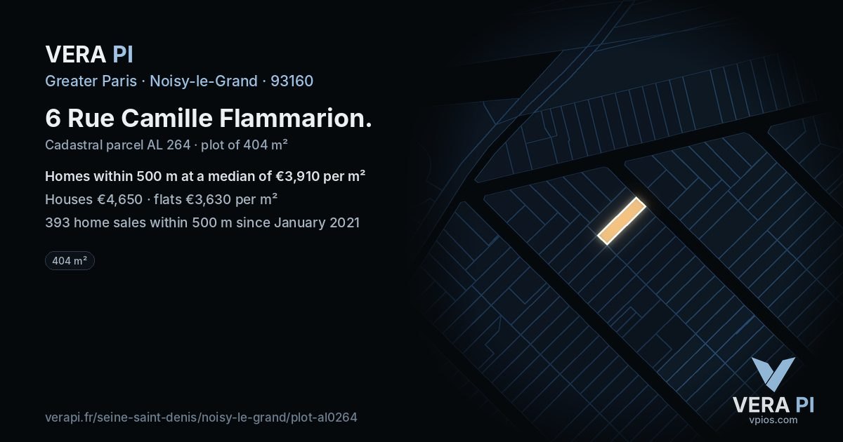 6 Rue Camille Flammarion, Noisy-le-Grand at night – the plot lit, the parcels around coloured by the prices near them
