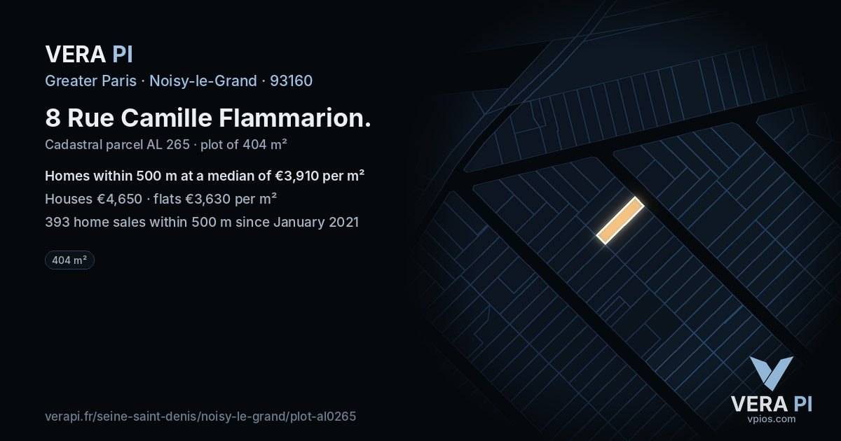 8 Rue Camille Flammarion, Noisy-le-Grand at night – the plot lit, the parcels around coloured by the prices near them