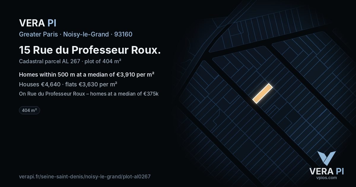 15 Rue du Professeur Roux, Noisy-le-Grand at night – the plot lit, the parcels around coloured by the prices near them