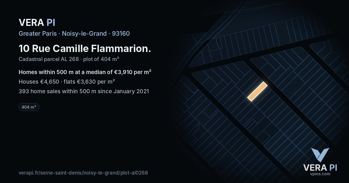 10 Rue Camille Flammarion, Noisy-le-Grand at night – the plot lit, the parcels around coloured by the prices near them