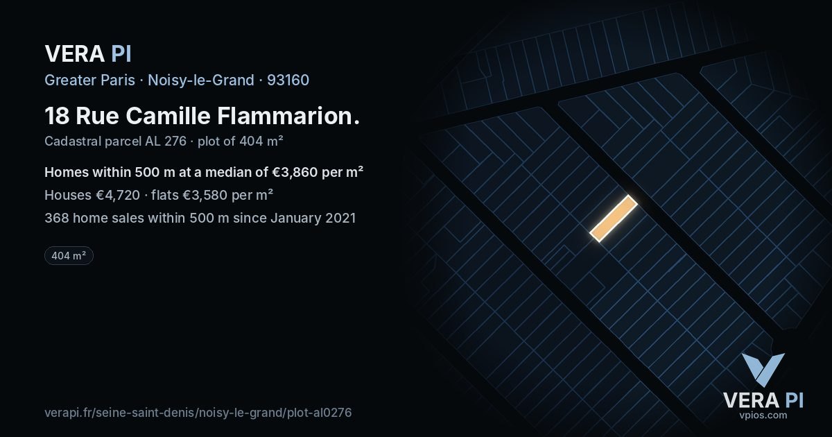 18 Rue Camille Flammarion, Noisy-le-Grand at night – the plot lit, the parcels around coloured by the prices near them
