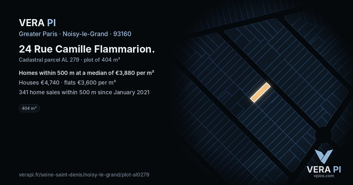 24 Rue Camille Flammarion, Noisy-le-Grand at night – the plot lit, the parcels around coloured by the prices near them