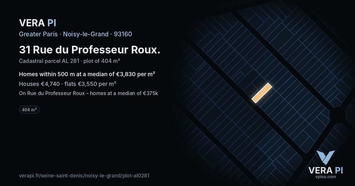 31 Rue du Professeur Roux, Noisy-le-Grand at night – the plot lit, the parcels around coloured by the prices near them