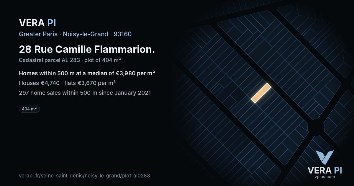 28 Rue Camille Flammarion, Noisy-le-Grand at night – the plot lit, the parcels around coloured by the prices near them