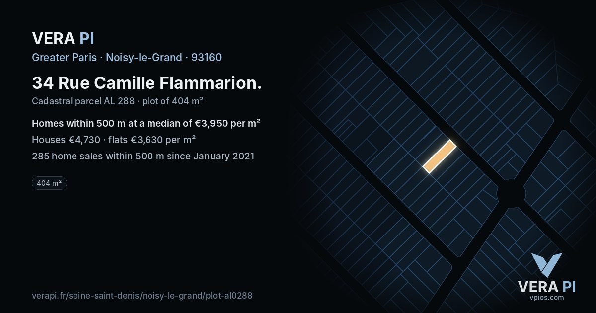 34 Rue Camille Flammarion, Noisy-le-Grand at night – the plot lit, the parcels around coloured by the prices near them