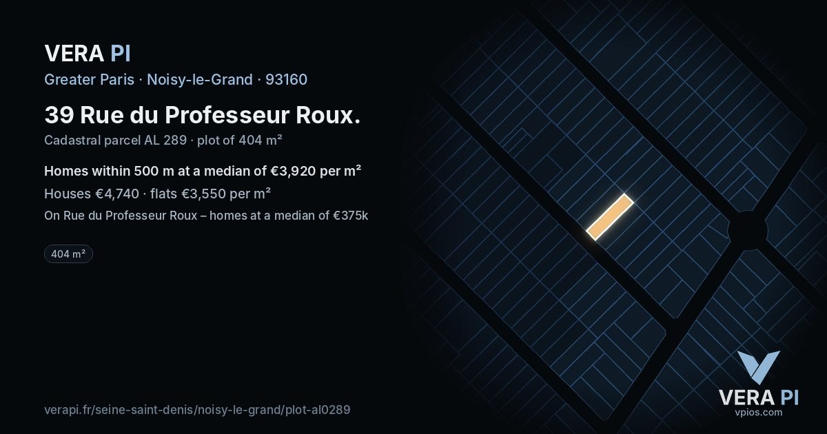 39 Rue du Professeur Roux, Noisy-le-Grand at night – the plot lit, the parcels around coloured by the prices near them