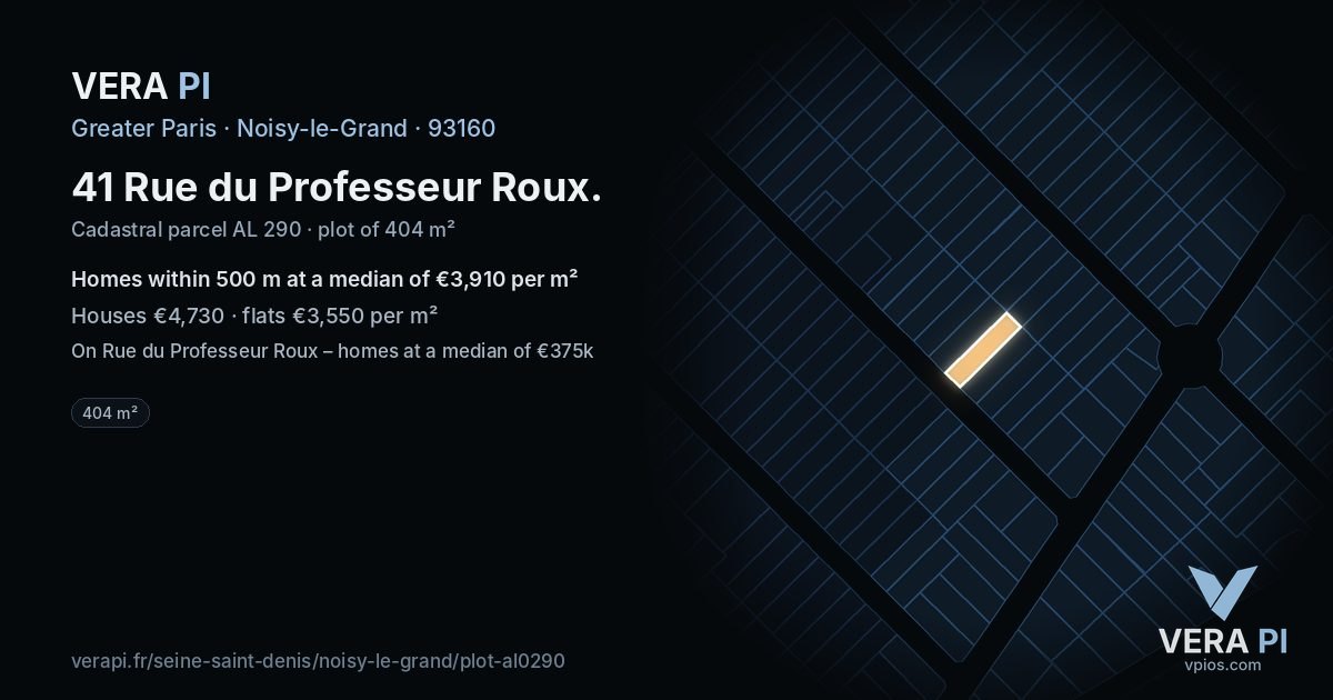 41 Rue du Professeur Roux, Noisy-le-Grand at night – the plot lit, the parcels around coloured by the prices near them