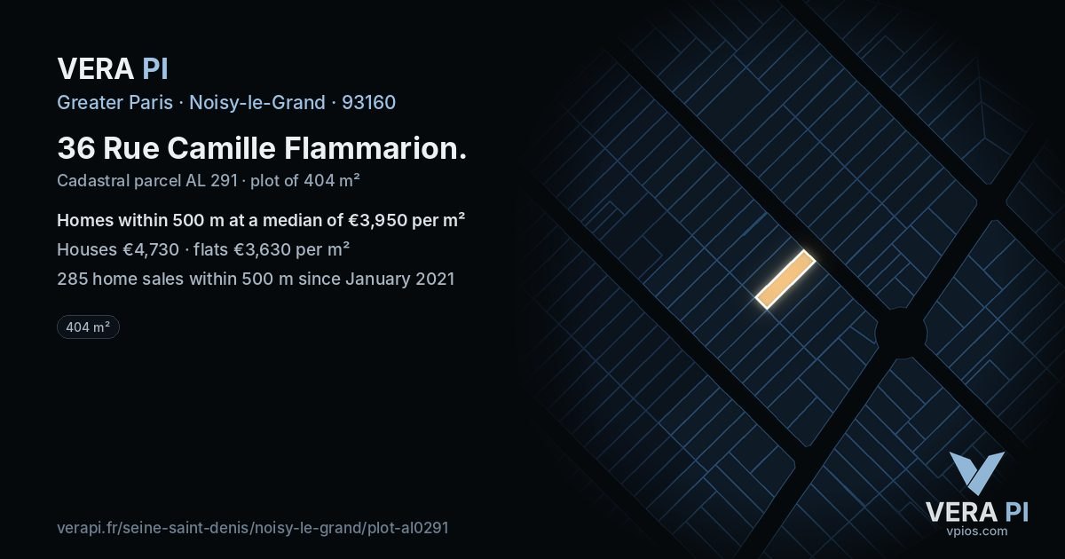 36 Rue Camille Flammarion, Noisy-le-Grand at night – the plot lit, the parcels around coloured by the prices near them