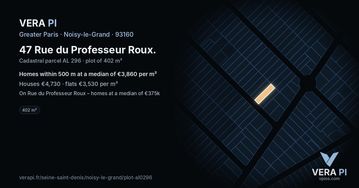 47 Rue du Professeur Roux, Noisy-le-Grand at night – the plot lit, the parcels around coloured by the prices near them