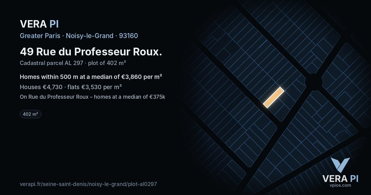 49 Rue du Professeur Roux, Noisy-le-Grand at night – the plot lit, the parcels around coloured by the prices near them