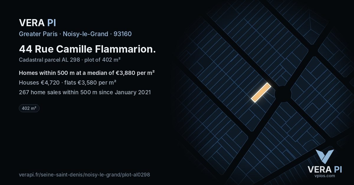 44 Rue Camille Flammarion, Noisy-le-Grand at night – the plot lit, the parcels around coloured by the prices near them